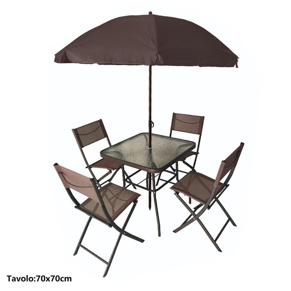Trade Shop - Set Giardino Sharm Tavolo Con Ripiano Vetro 70x70cm 4 Sedie Pieghevoli Ombrellone Parasole - Marrone