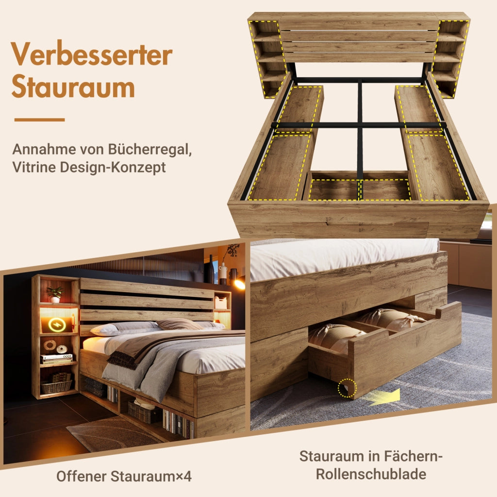 Letto matrimoniale in legno e metallo con LED, USB e contenitore