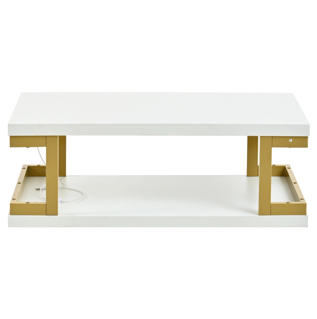 Tavolino da caff¨¨ 100x50 cm con LED RGB e ripiano in MDF bianco e metallo dorato