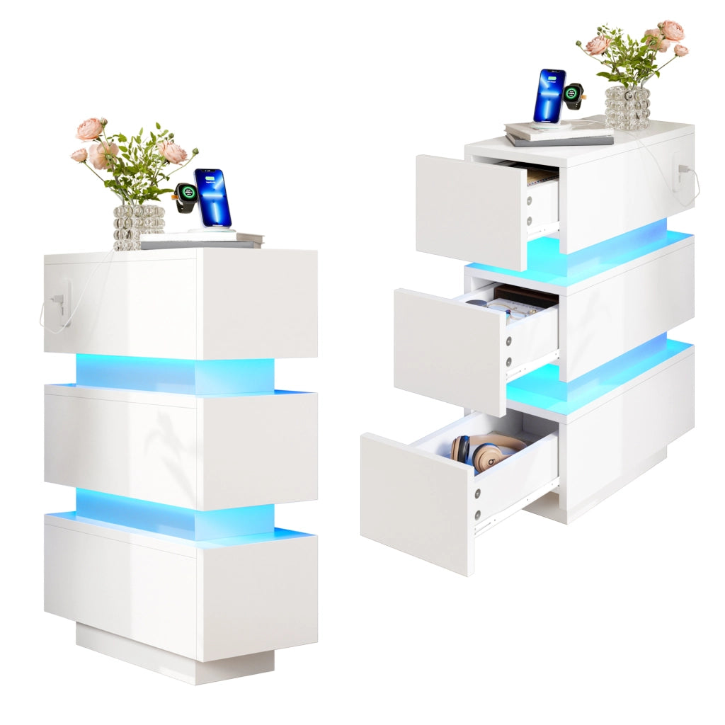 Set di 2 comodini stretti con LED; USB e Type-C; 3 cassetti; 20x40x59;5 cm; bianco