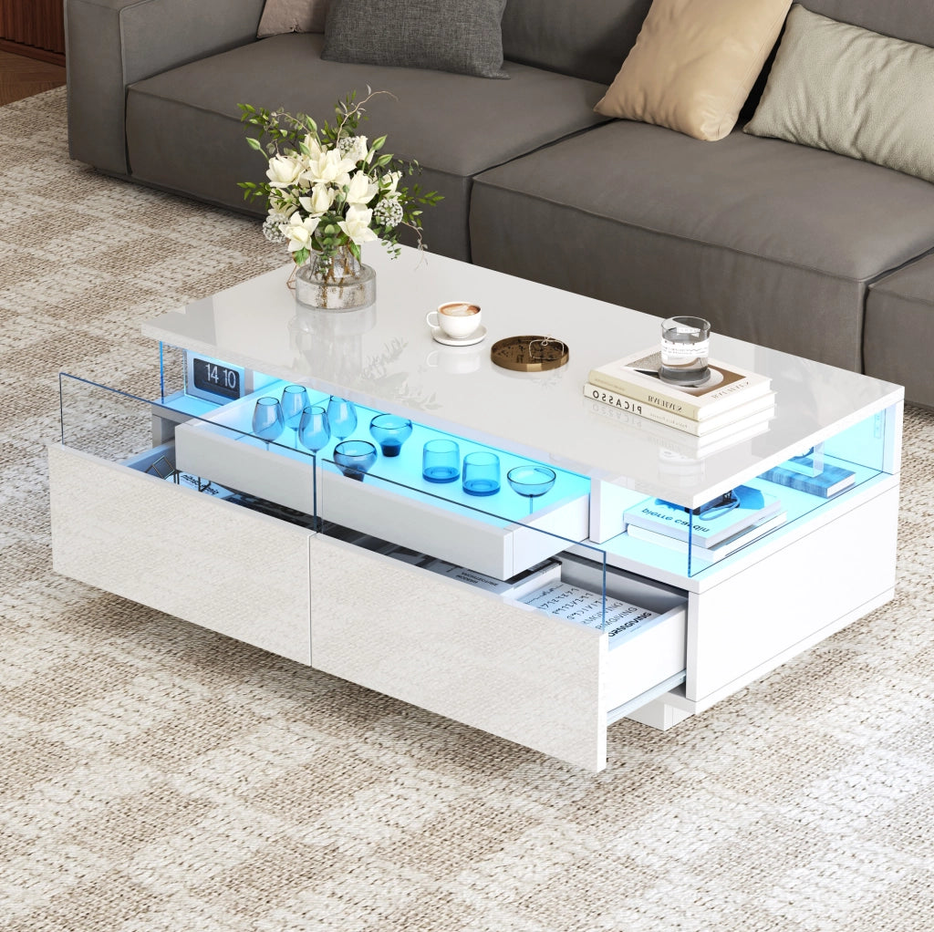 Tavolino da salotto 90x45x35;5 cm bianco lucido con vassoio; 2 cassetti e LED