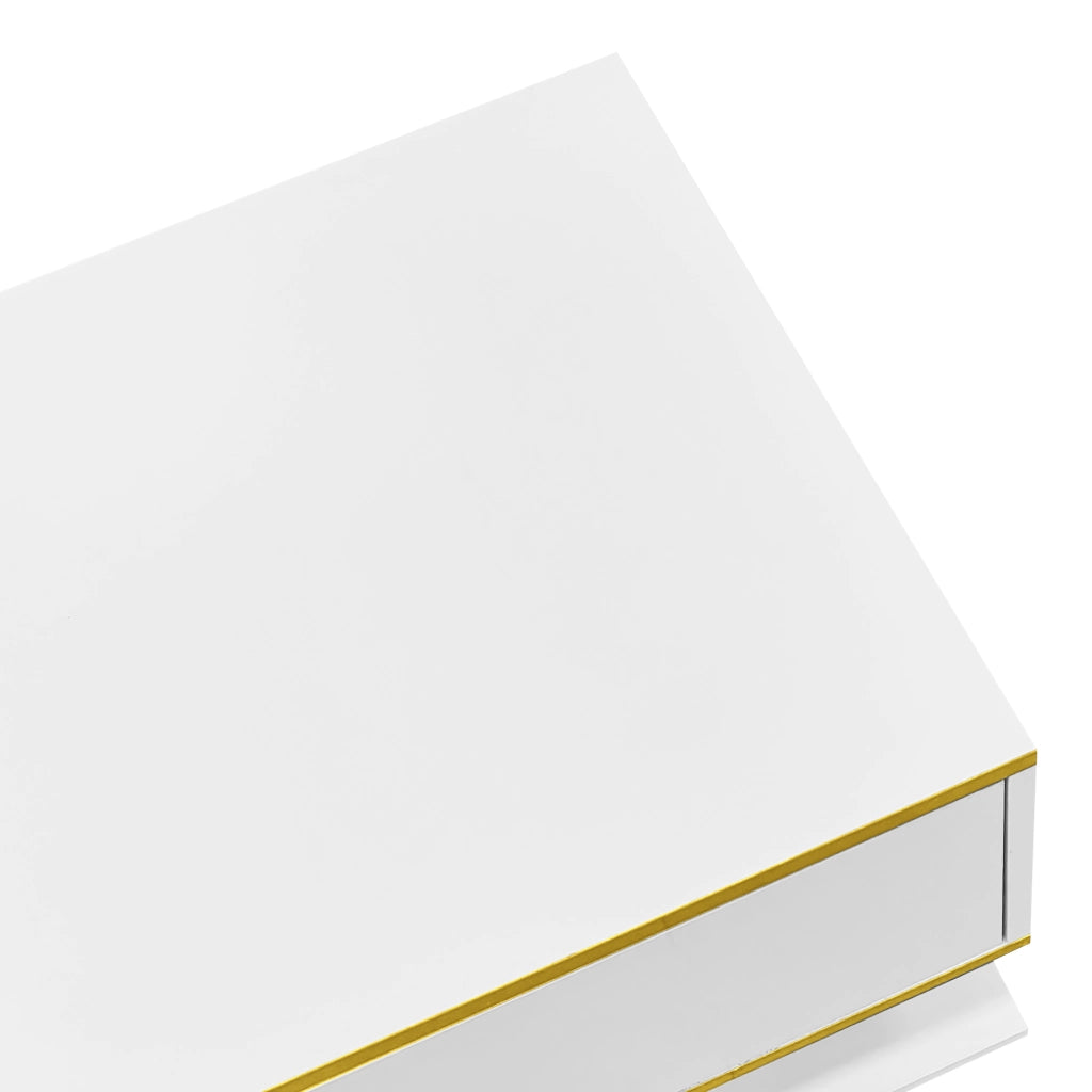 Tavolino da Caffè con 3 Cassetti e Vano Aperto e LED; Bianco Lucido; Decoro Oro; 100×50×40 cm; in Pannello Truciolare