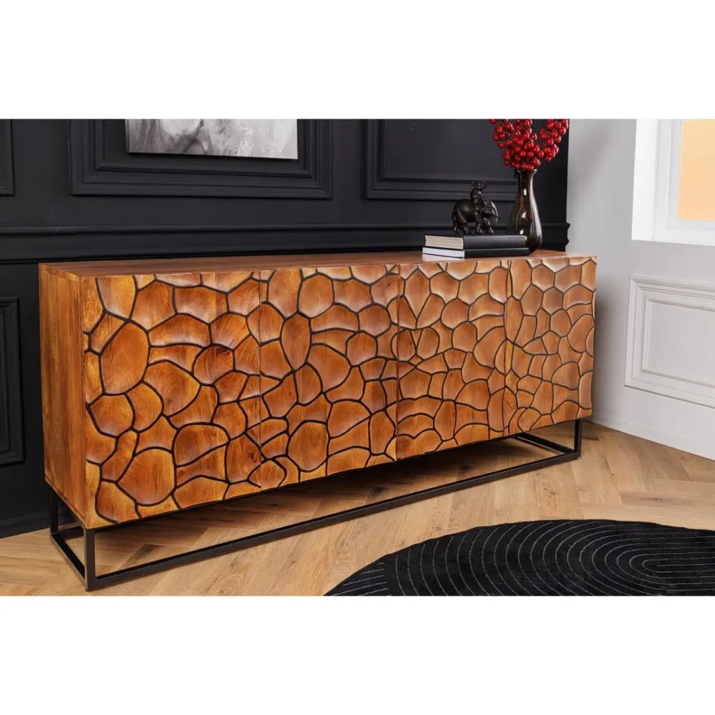 Buffet TERRAKAN 180 cm – Legno Massiccio di Mango Marrone – Facciata Scultorea 3D