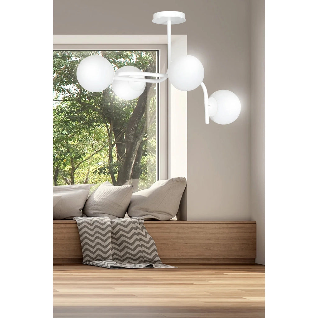 Lampadario 4 Luci Rama In Acciaio Bianco A Bracci Curvi E Sfere In Vetro Opalino