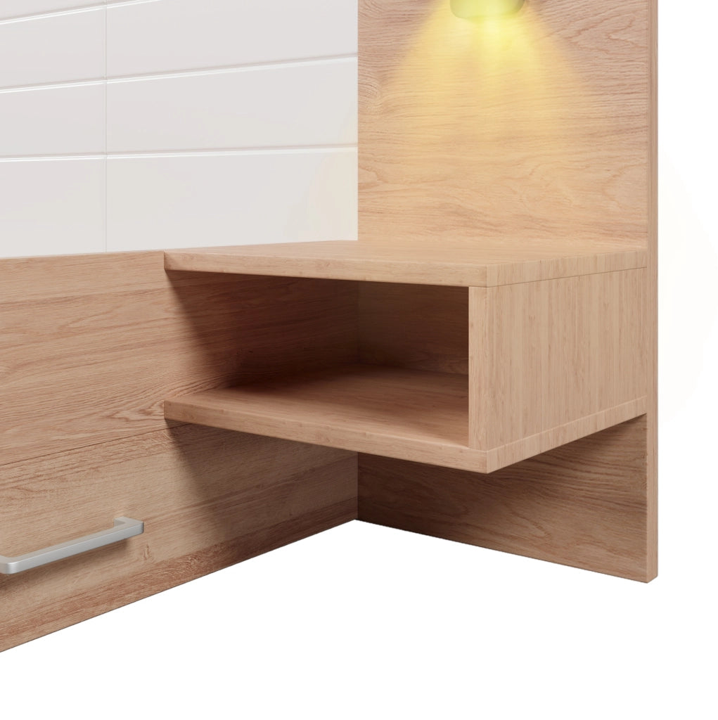 Letto matrimoniale 180x200 cm con USB; luce da lettura e 2 cassetti; legno massello e MDF; bianco rovere