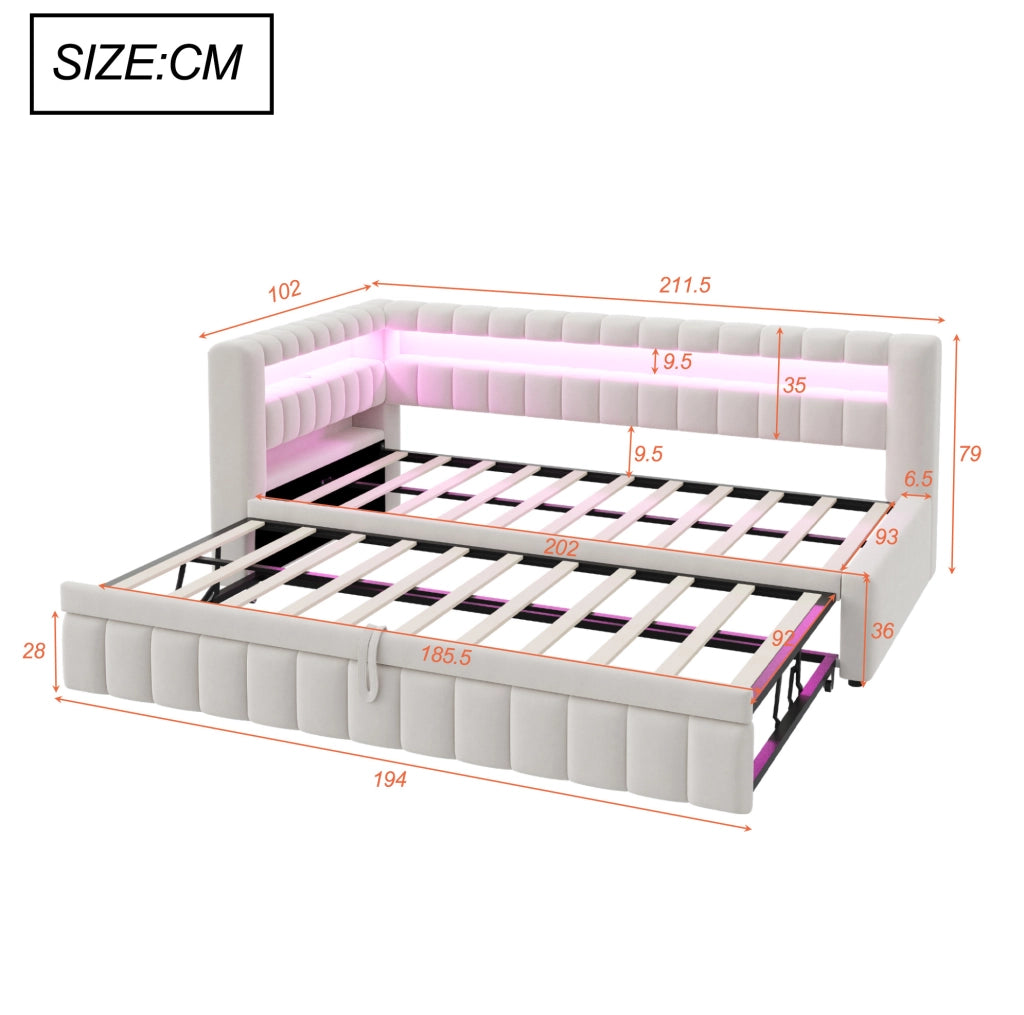 Divano letto estraibile ULEVR 90x200 cm con LED, USB e Type-C, vani integrati, velluto beige