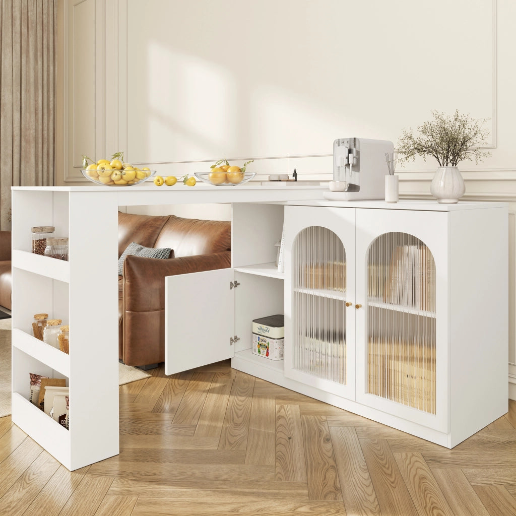 Mobile Bar Girevole a 360° con Anta in Vetro; Ripiani e Vano Chiuso per Cucina in MDF Bianco