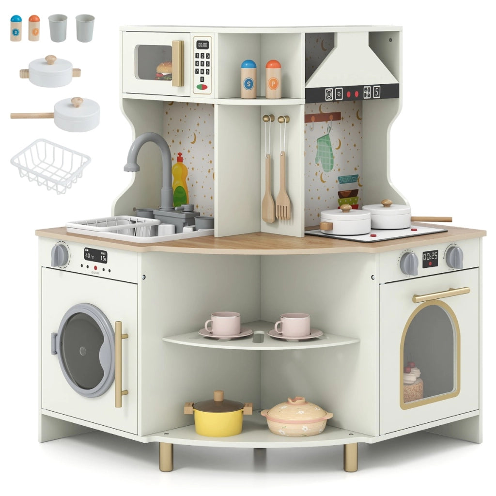 Cucina giocattolo per bambini set angolare legno con rubinetto e lavandino, Cucina giocattolo microonde e lavastoviglie Beige-Cucine giocattoli