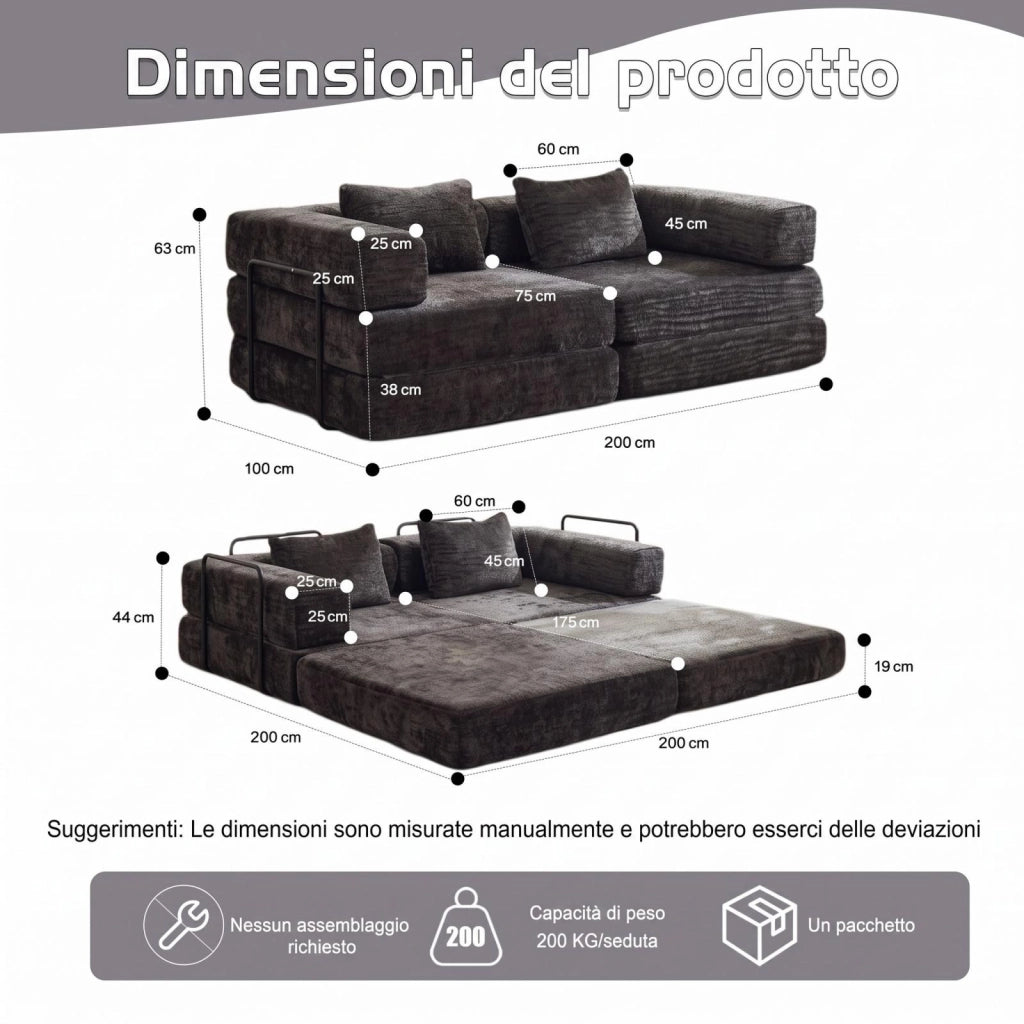 Divano compatto, divano letto pieghevole, moduli senza struttura, tessuto chenille, nero