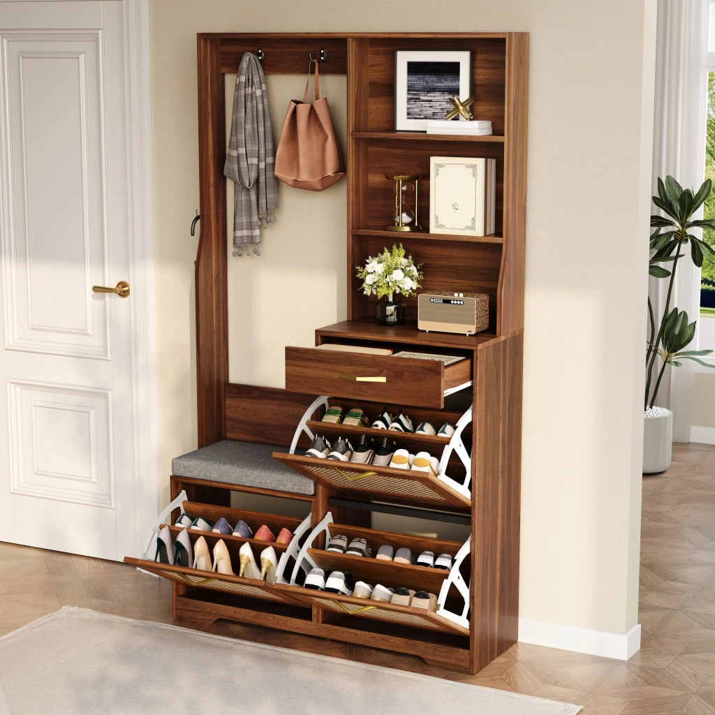 Mobili da ingresso con panca, 3 ante ribaltabili, cassetto, ripiani aperti e ganci, in MDF, noce, 100 × 30 × 170 cm
