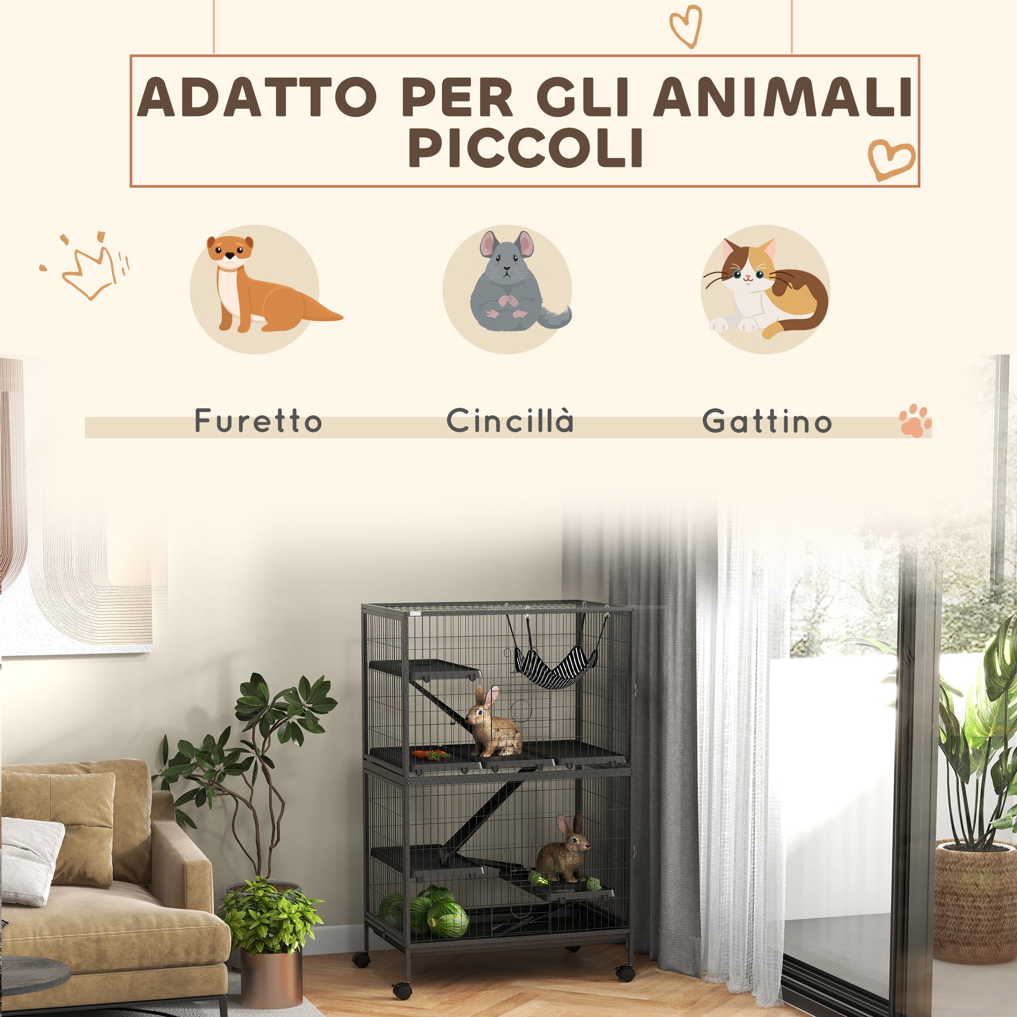 Gabbia per Roditori 80x52x128 cm con 4 Ingressi a Livelli Multipli in Metallo e PP Grigio