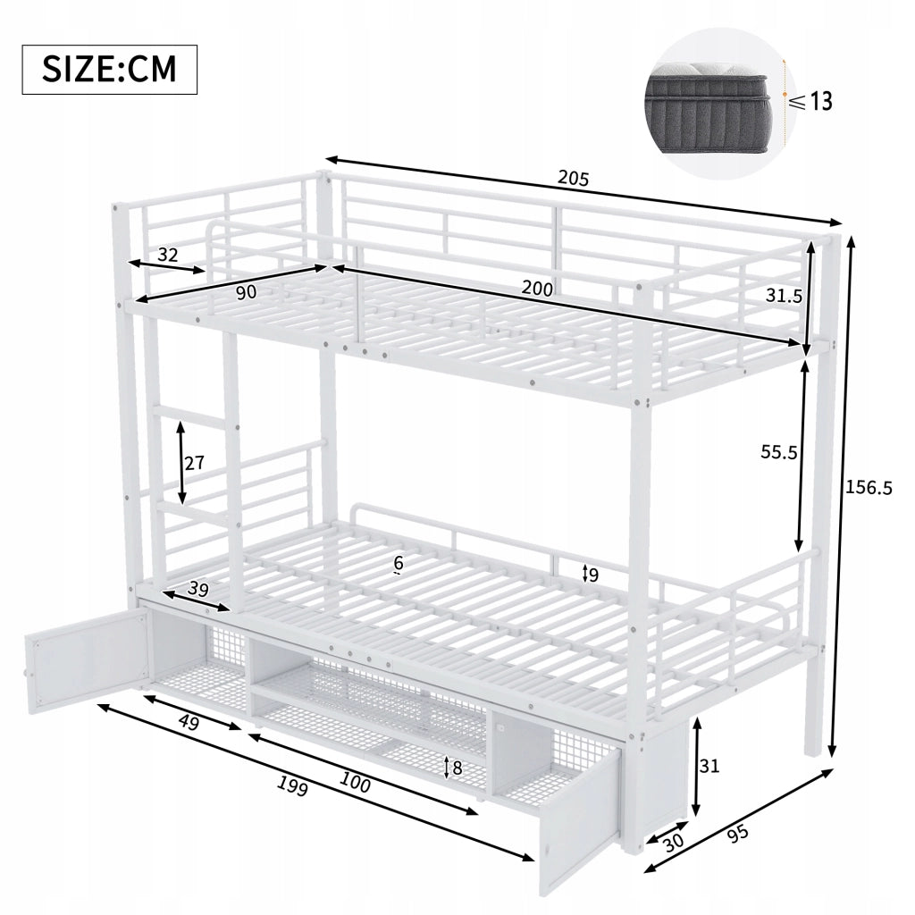 Letto a castello in metallo 90x200 - Xylo - Bianco con armadio e scala
