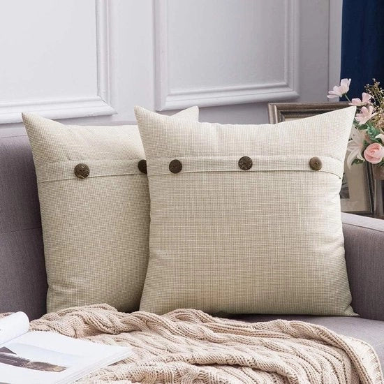 Cuscini decorativi in stile lino con bottoni per divano camera da letto e salotto 40 x 40 cm bianco latte - set a due pezzi