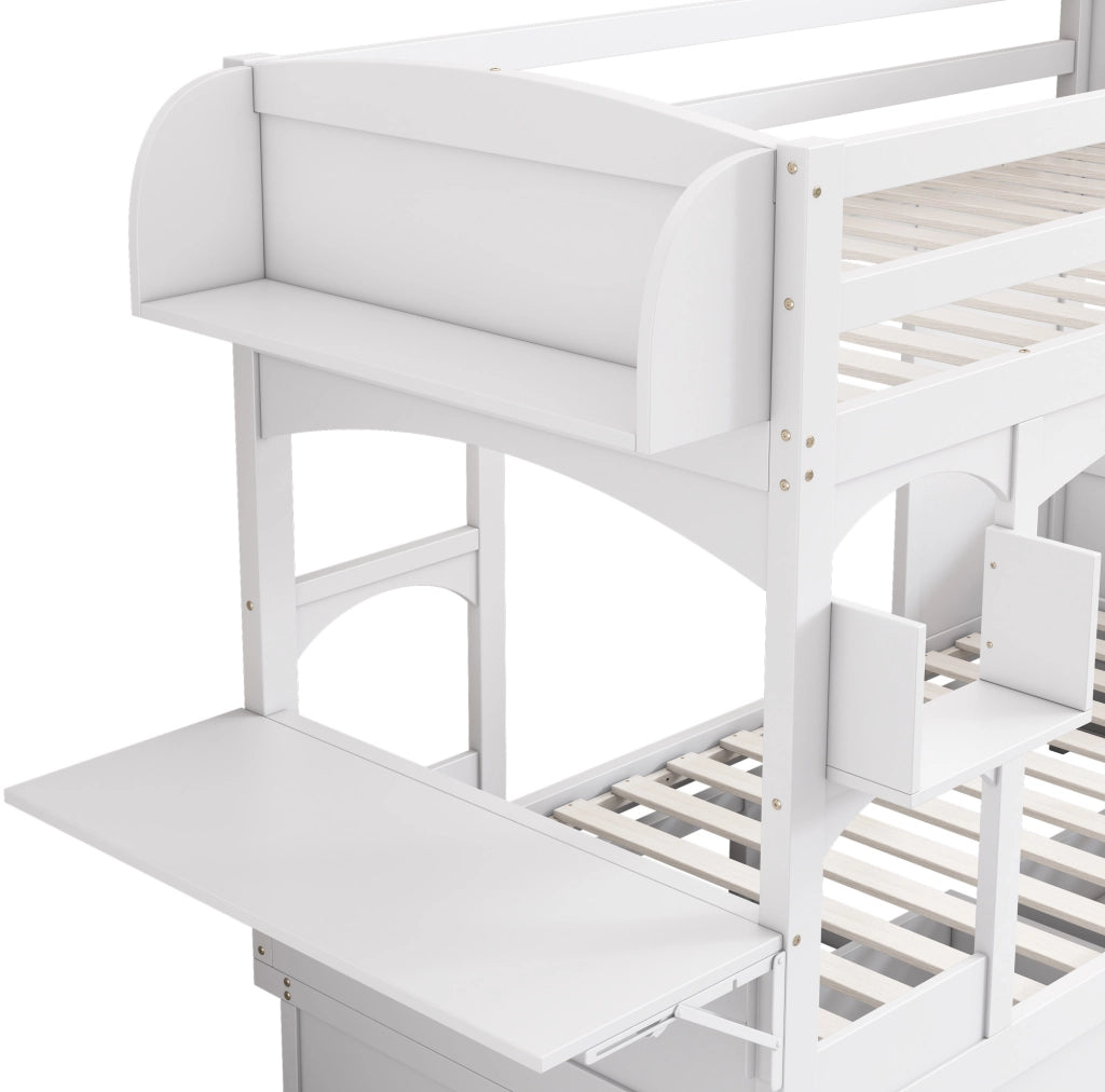 Letto a castello per bambini 90x200 cm in legno massello e MDF bianco con scrivania pieghevole e 2 cassetti