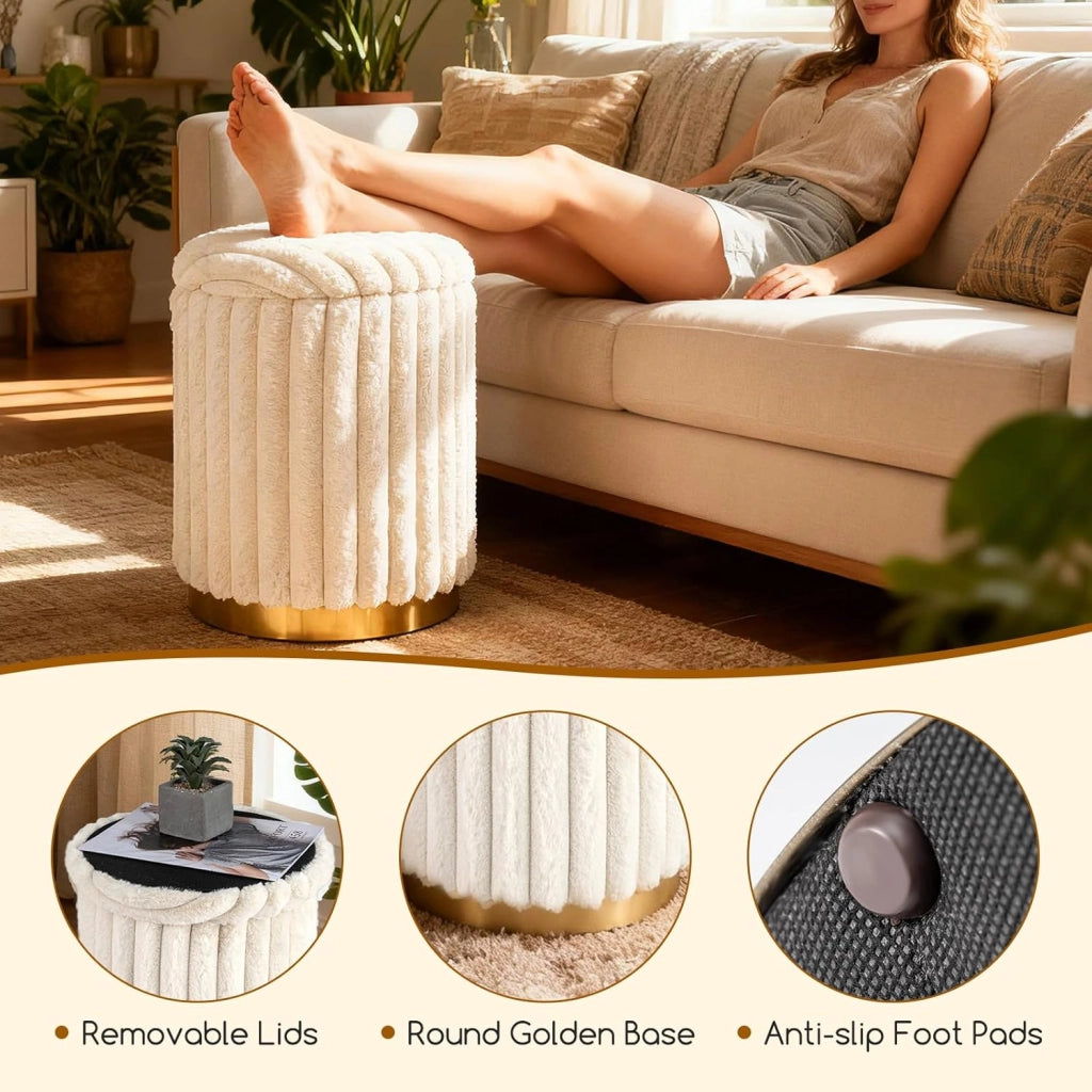 Set di 2 Pouf Rotondi 32 L + 21 L, Pouf Poggiapiedi Imbottito in Pelo di Coniglio con Coperchio Rimovibile e Contenitore Nascosto, Sgabelli Impilabili per Soggiorno e Camera da Letto, Beige