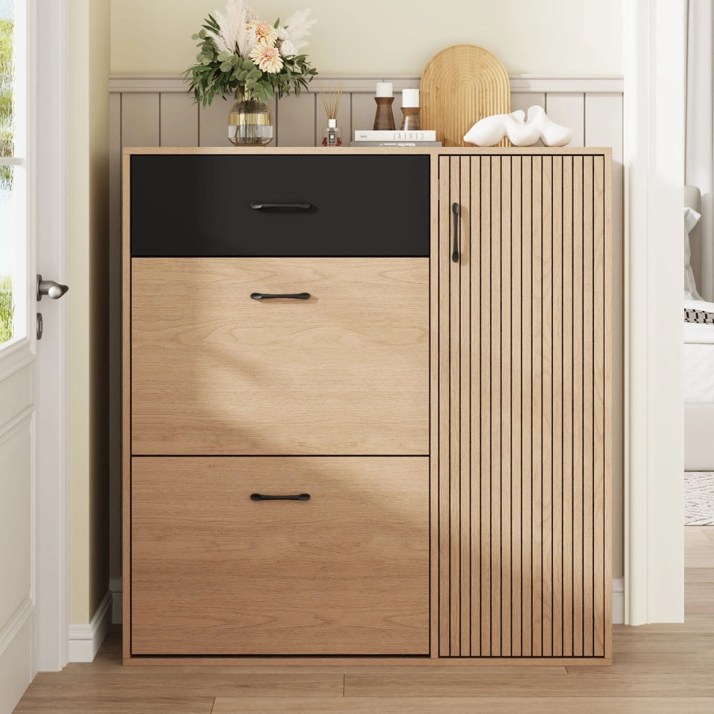 Scarpiera, mobile da ingresso, scarpiere a ribalta, con cassetti, 100 x 35 x 106 cm, color legno naturale e nero