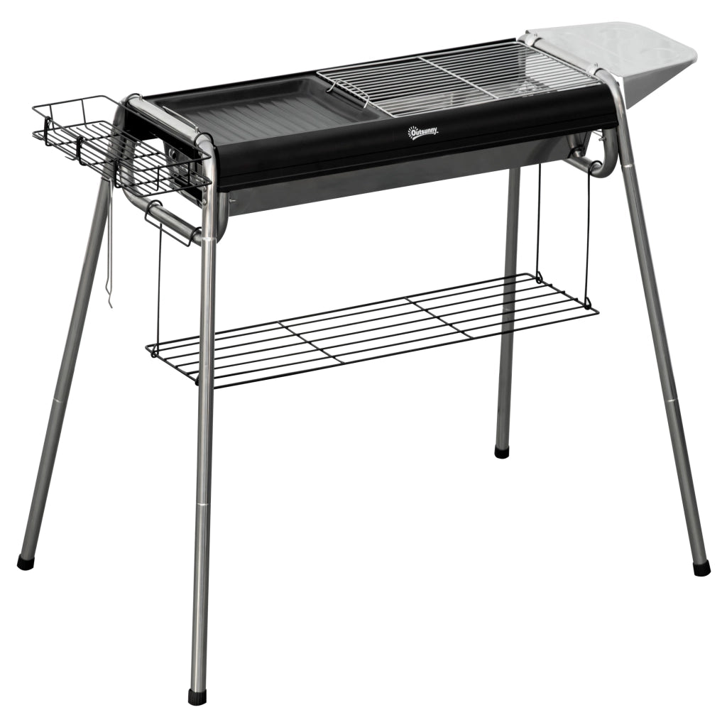 Barbecue a Carbonella con Griglia e Piastra di Cottura, Cestino e Ripiani, 107x63x75cm, Nero