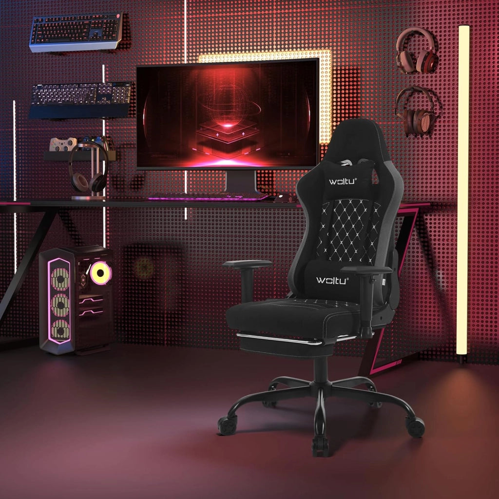 Sedia Gaming con Massaggiatore, Poltrona Ufficio Ergonomica, Sedia da Scrivania reclinabile, Poggiatesta,Supporto Lombare, 150 kg, Tessuto tecnologico, Nero+Grigio