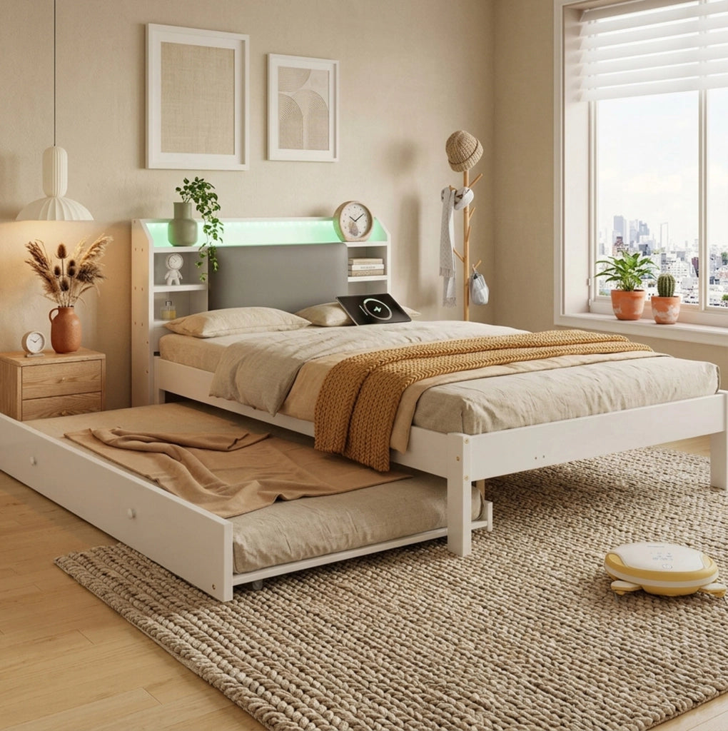 Letto 120x200 cm con letto estraibile; testiera imbottita; LED in legno bianco