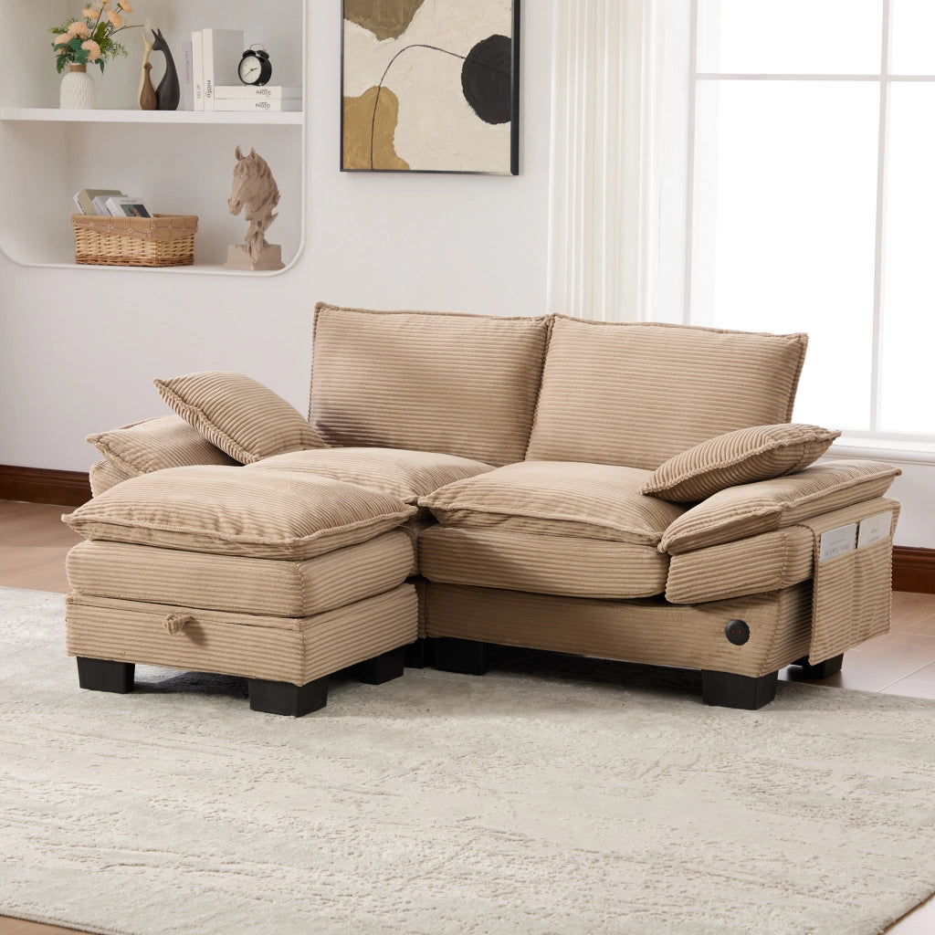 SOFA 2 posti con pouf 190x132x84 cm in tessuto corduroy khaki