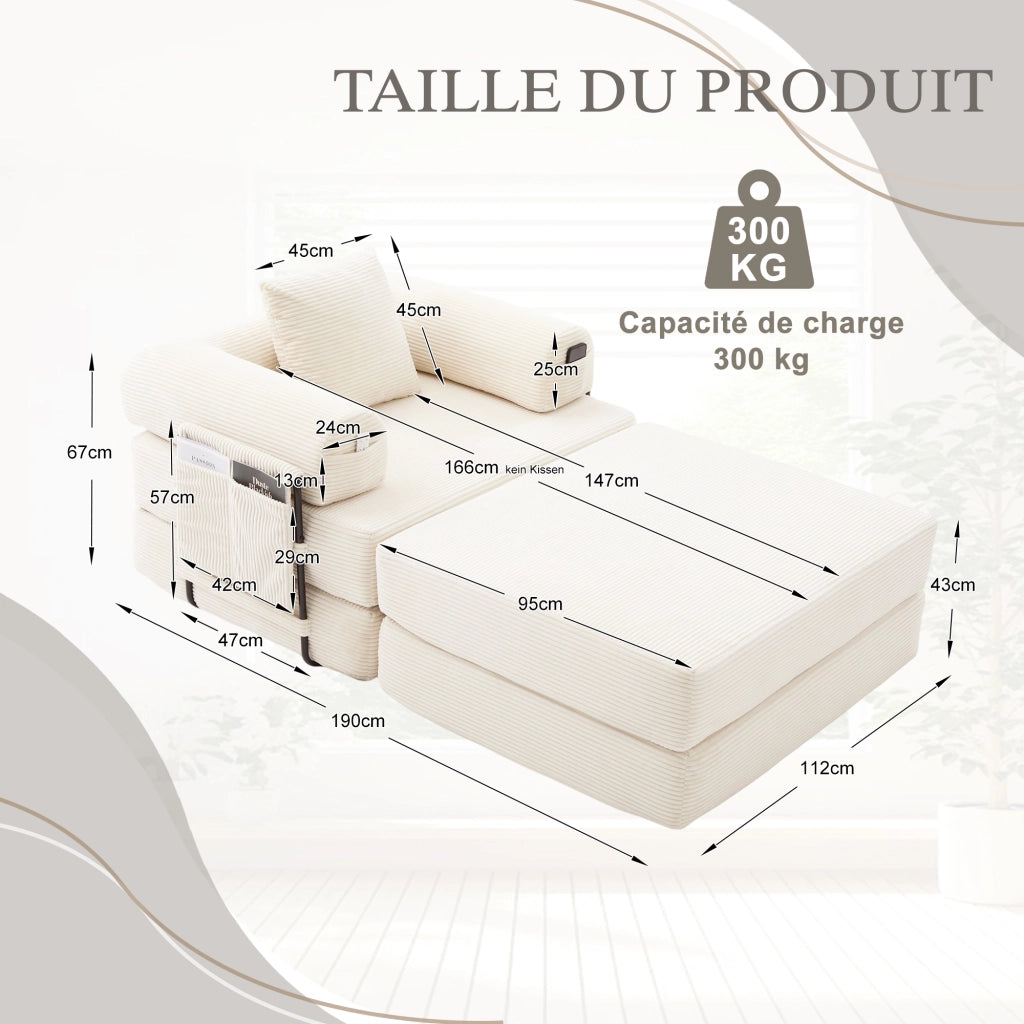 Fauteuil con pouf modulare in velluto a coste con tasca laterale e cuscino beige per soggiorno 112 × 190 × 67 cm