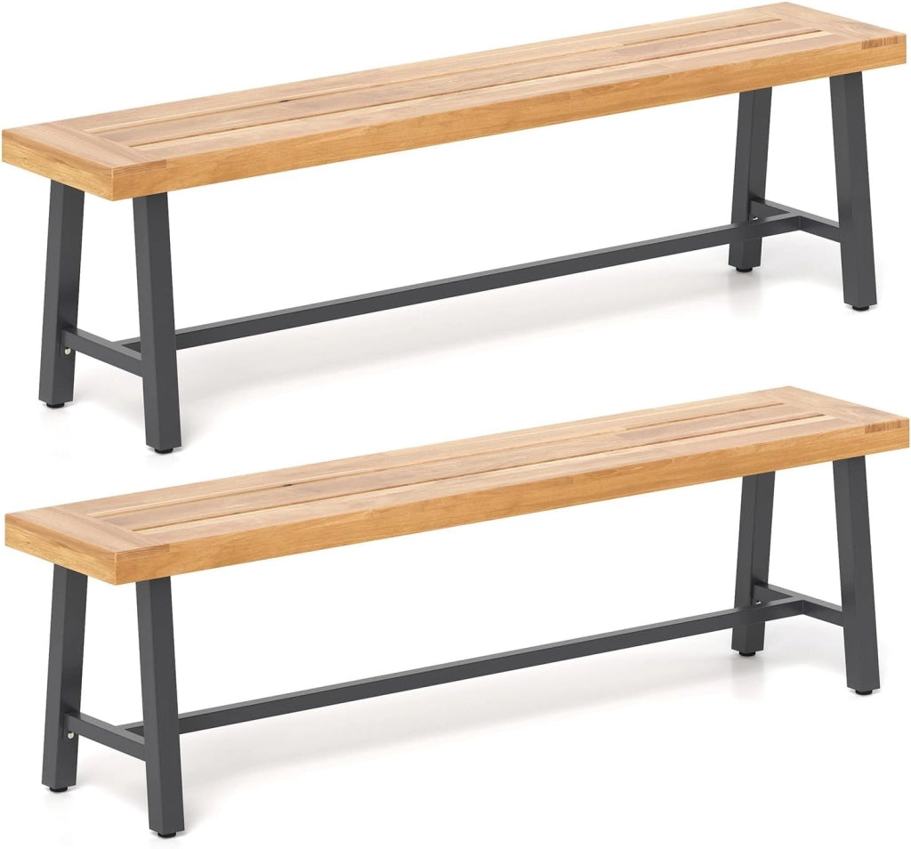 Set di 2 Panchine da Giardino in Legno di Acacia a 3 Posti, Panca da Esterno Senza Schienale con Gambe in Metallo, Panca Capacità di 360 kg per Ingresso, Cortile e Balcone, 160 x 32 x 45 cm