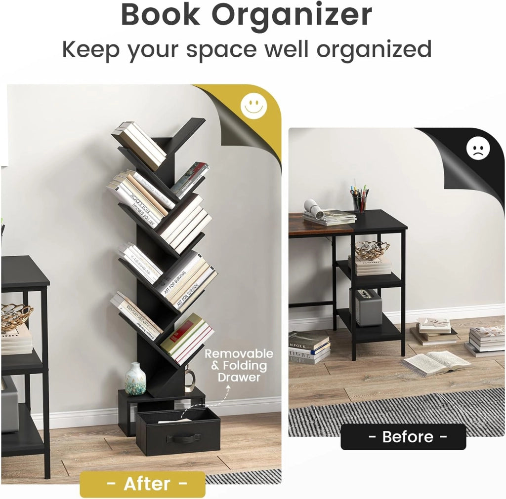 Libreria ad Albero, a 8 Ripiani, Scaffale per Libri con Cassetto Rimovibile, Design di Antiribaltamento, Organizzazione per CD, Riviste, Libri, 38x20x149,5 cm, 4 Colori (Nero)