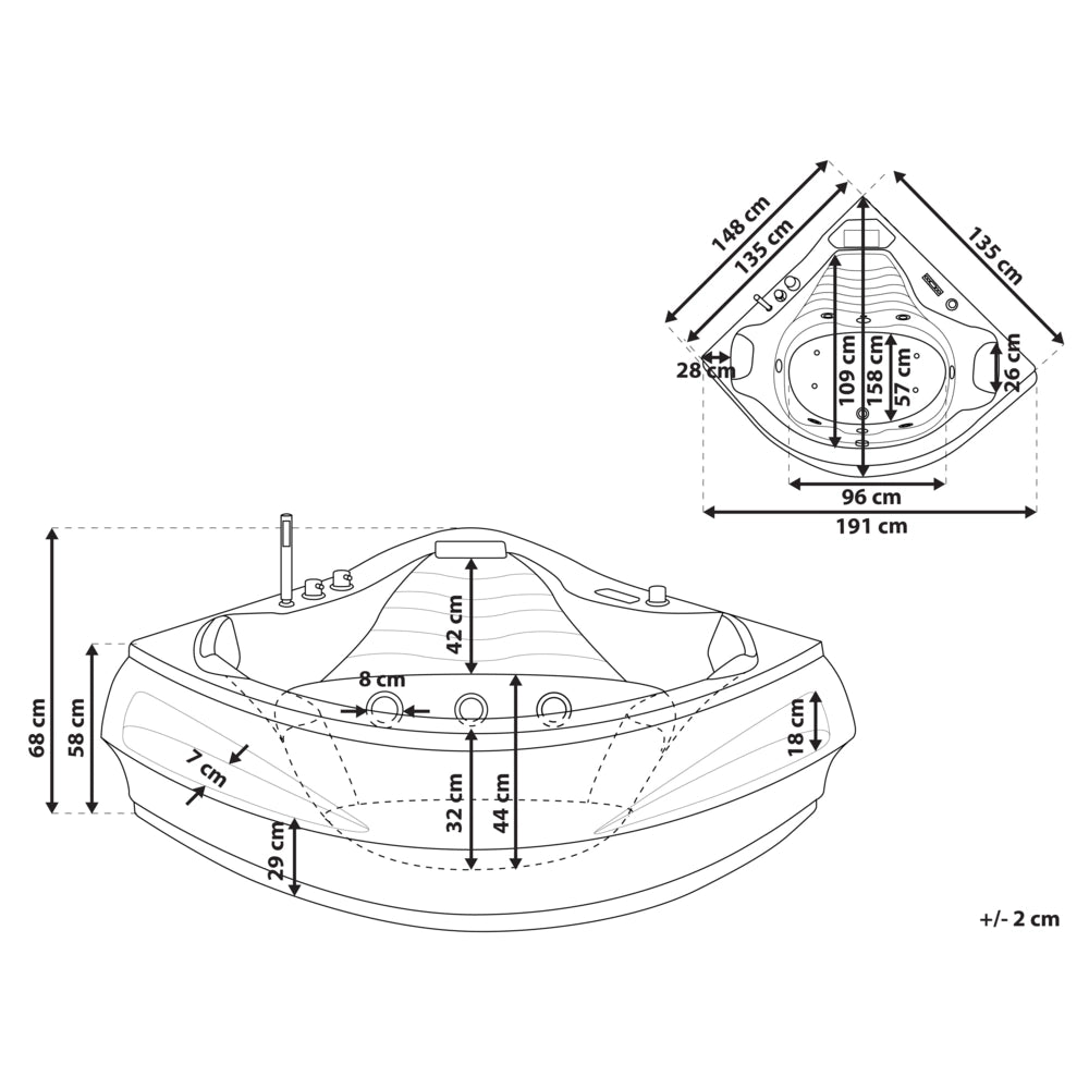 Vasca idromassaggio in acrilico sanitario bianco con altoparlante Bluetooth LED 210 x 145 cm