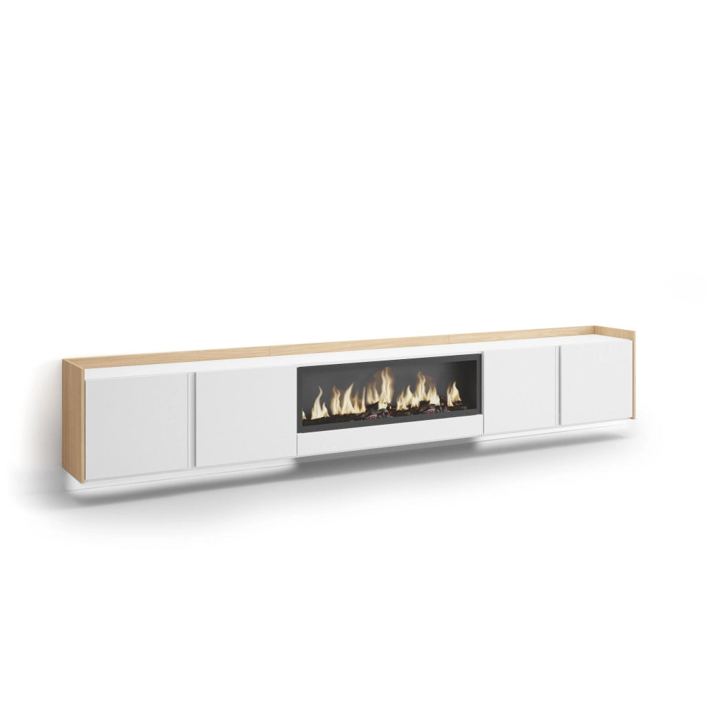 Mobile TV Soggiorno, 315x50x35 cm, Per TV fino a 80", Camino elettrico XXL, Sospeso, da appendere, LED, Bianco e Rovere soft