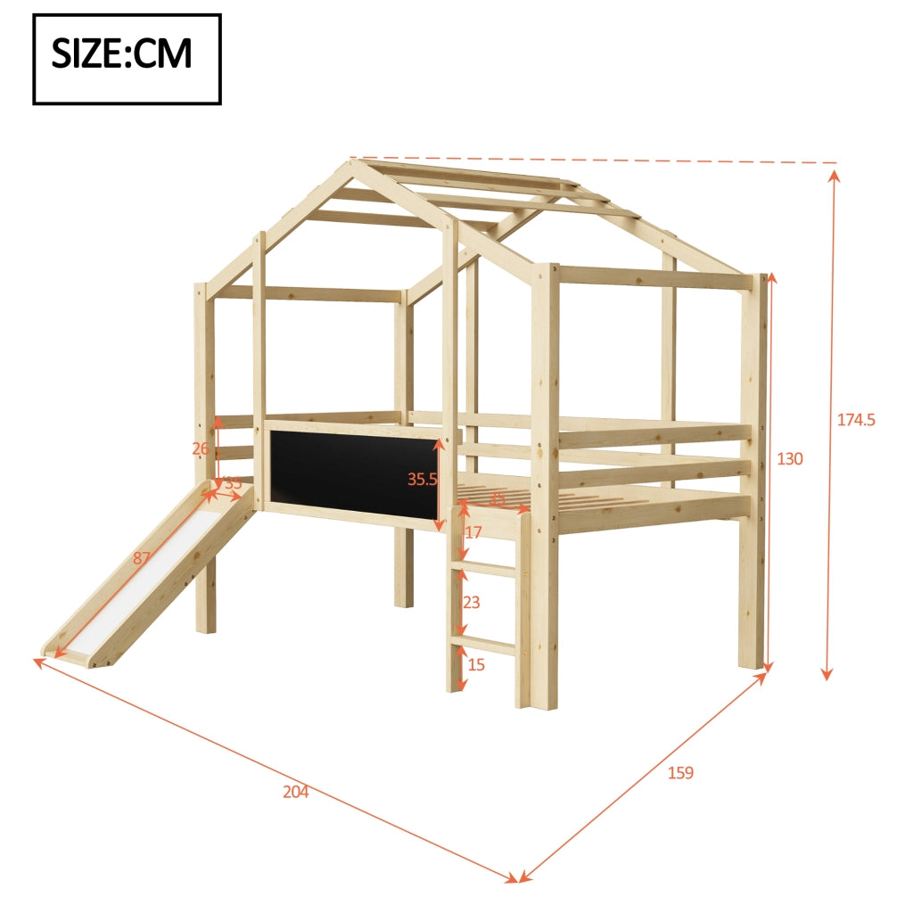 Letto a castello in legno massello naturale con scivolo e lavagna integrata 90x200 cm