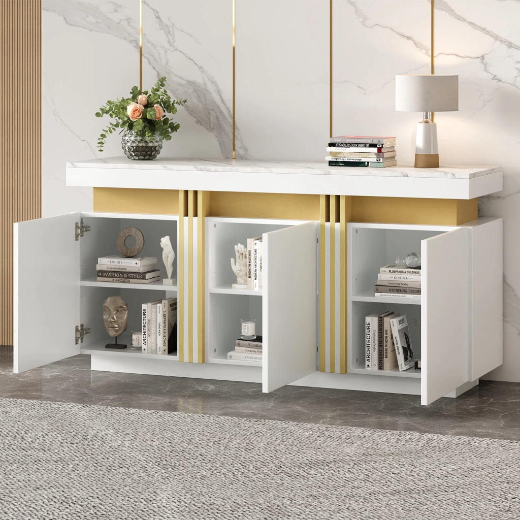 Credenza con 3 Ante e 6 Scomparti; Ripiani Regolabili; Effetto Marmo; in Pannello di Particelle; Bianco; 140??38??70 cm