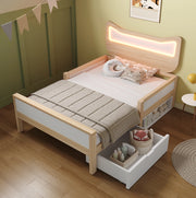 Letto singolo 90x200 cm con testiera a forma di gatto; LED RGB; cassetto e vano portaoggetti; bianco e rovere