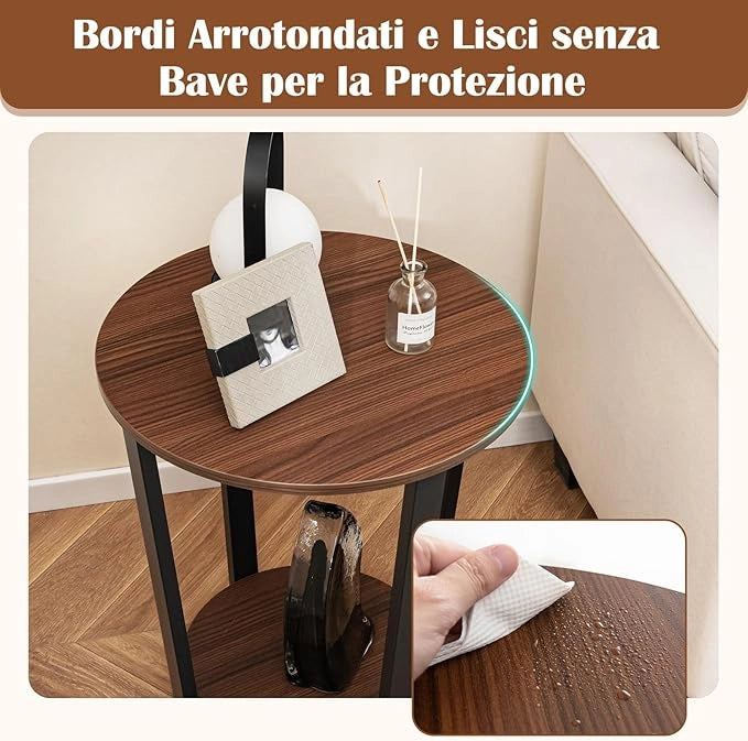 Tavolino Rotondo, Tavolino Laterale a 2 Ripiani con Mensola Aperta, Tavolino da Divano con Struttura in Metallo per Soggiorno, Camera da Letto e Piccoli Spazi (Noce)