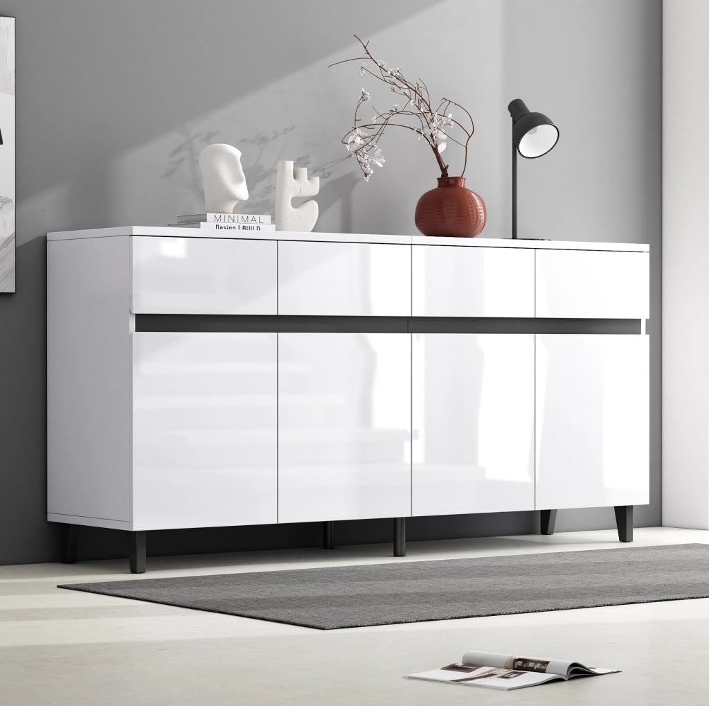Credenza bianca lucida 160 cm con 4 cassetti e ripiani regolabili