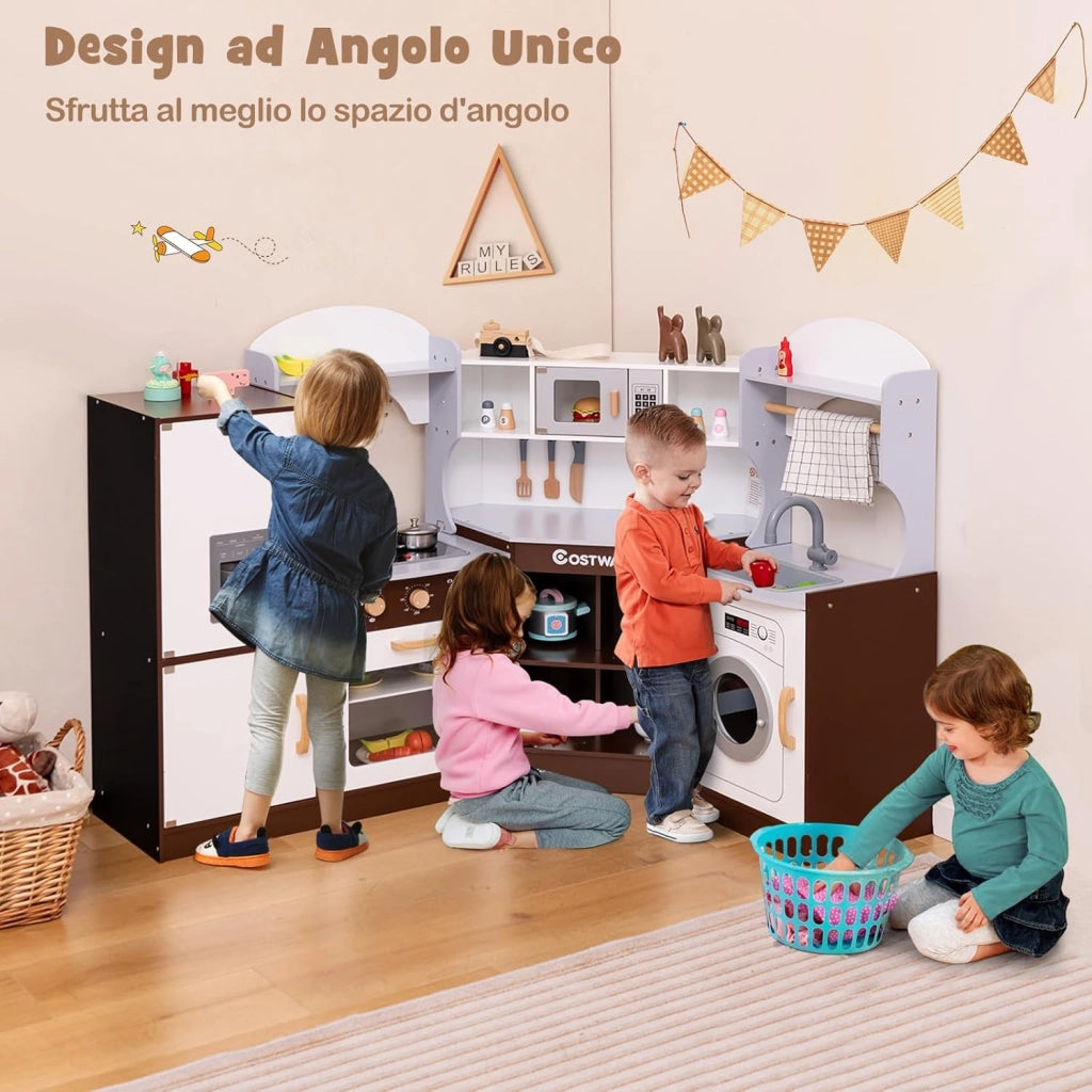 Cucina Giocattolo in Legno per Bambini, Set Cucina Giocattolo con Macchina di Ghiaccio, Microonde, Forno, Lavello, Lavatrice e Accessori, Effetti Sonori e Luminosi per Bambini 3 Anni+