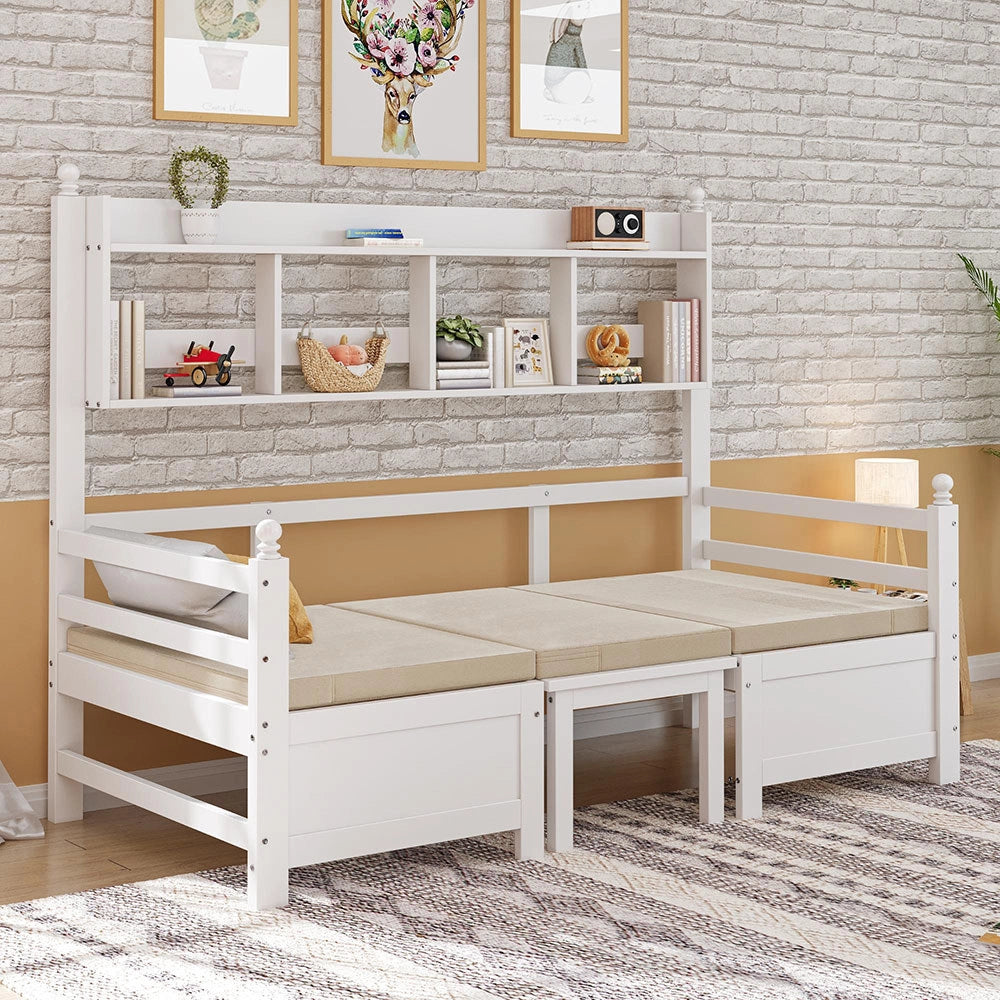Divano multifunzione legno - Xylo - 200x90cm bianco, ripiani, cuscini
