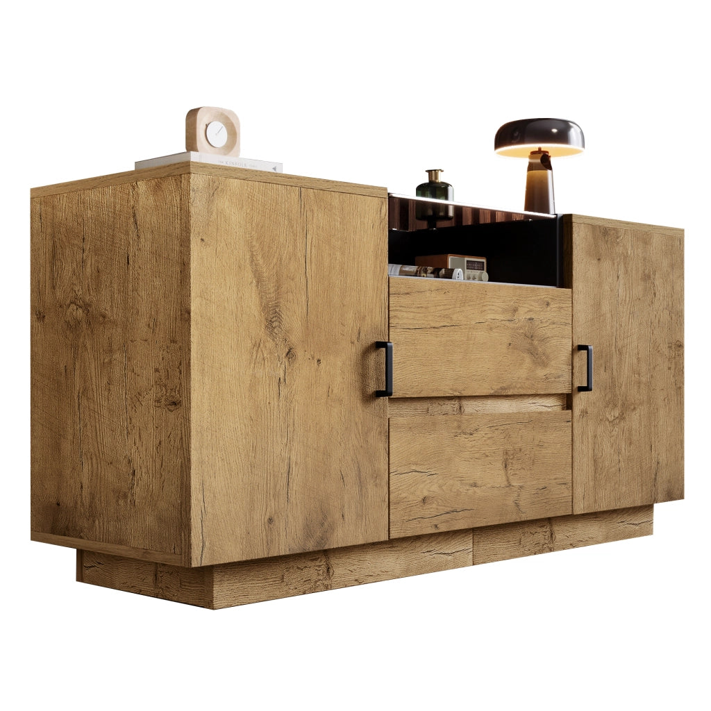 Credenza con 2 Ante; 2 Cassetti e 1 Vano Aperto; Ripiani Regolabili; per Soggiorno in Legno; 140 × 40 × 70 cm; Rovere Chiaro