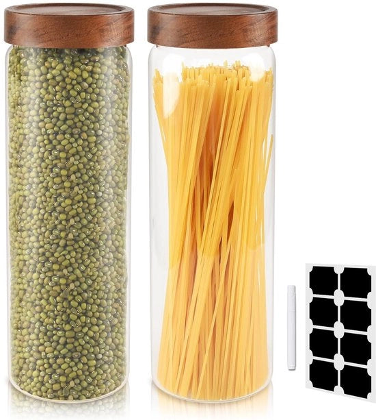 Piatto di vetro 2000 ml - Piatto a tenuta di aria - Piatto di conservazione per spezie - Vetro borosilicato resistente al calore - Coperchio in legno naturale - Duraturo e salutare - Piatto di conservazione