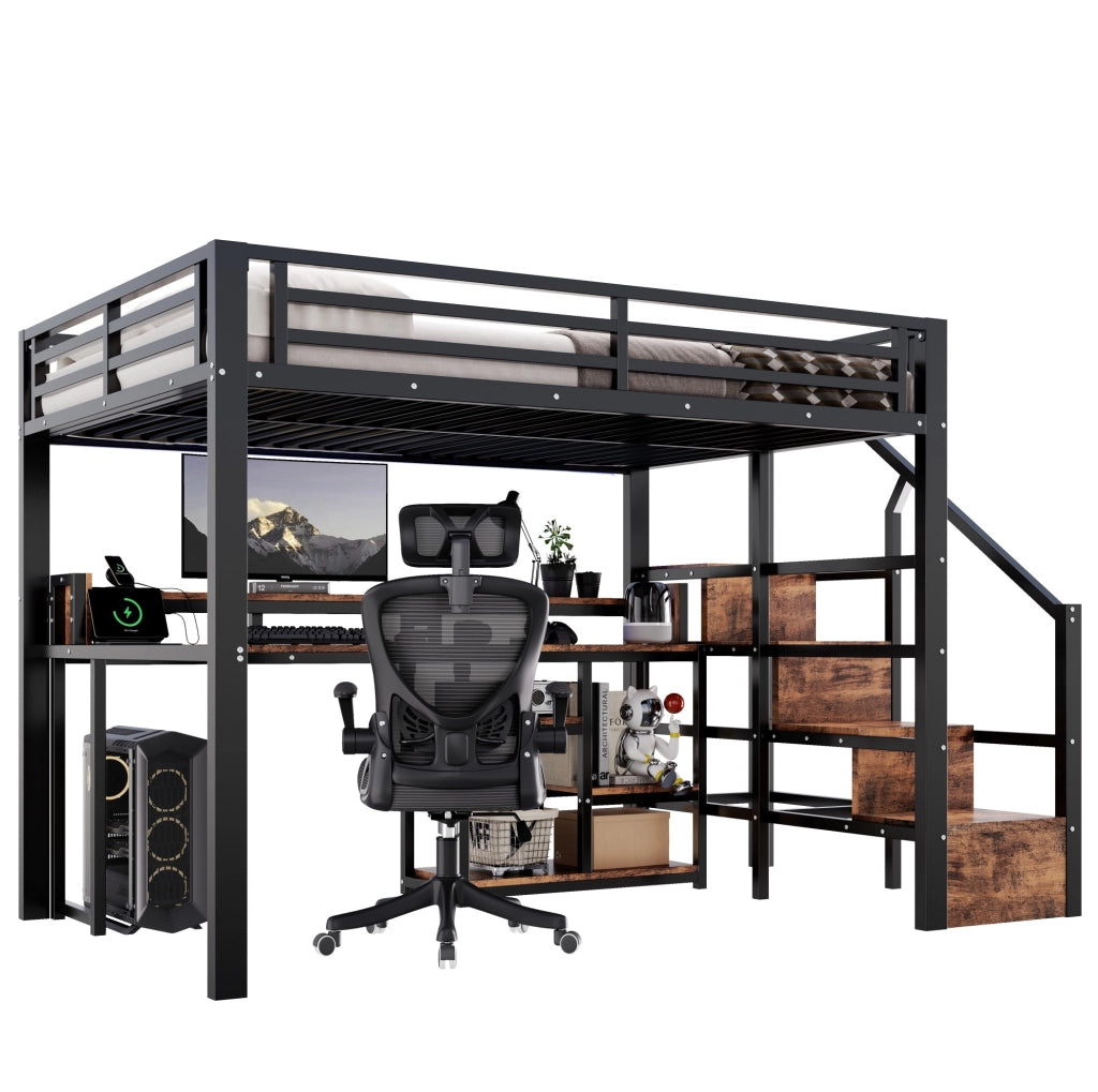 Hochbett 140x200 cm in metallo e MDF con vano portaoggetti; USB; Type-C e LED; nero