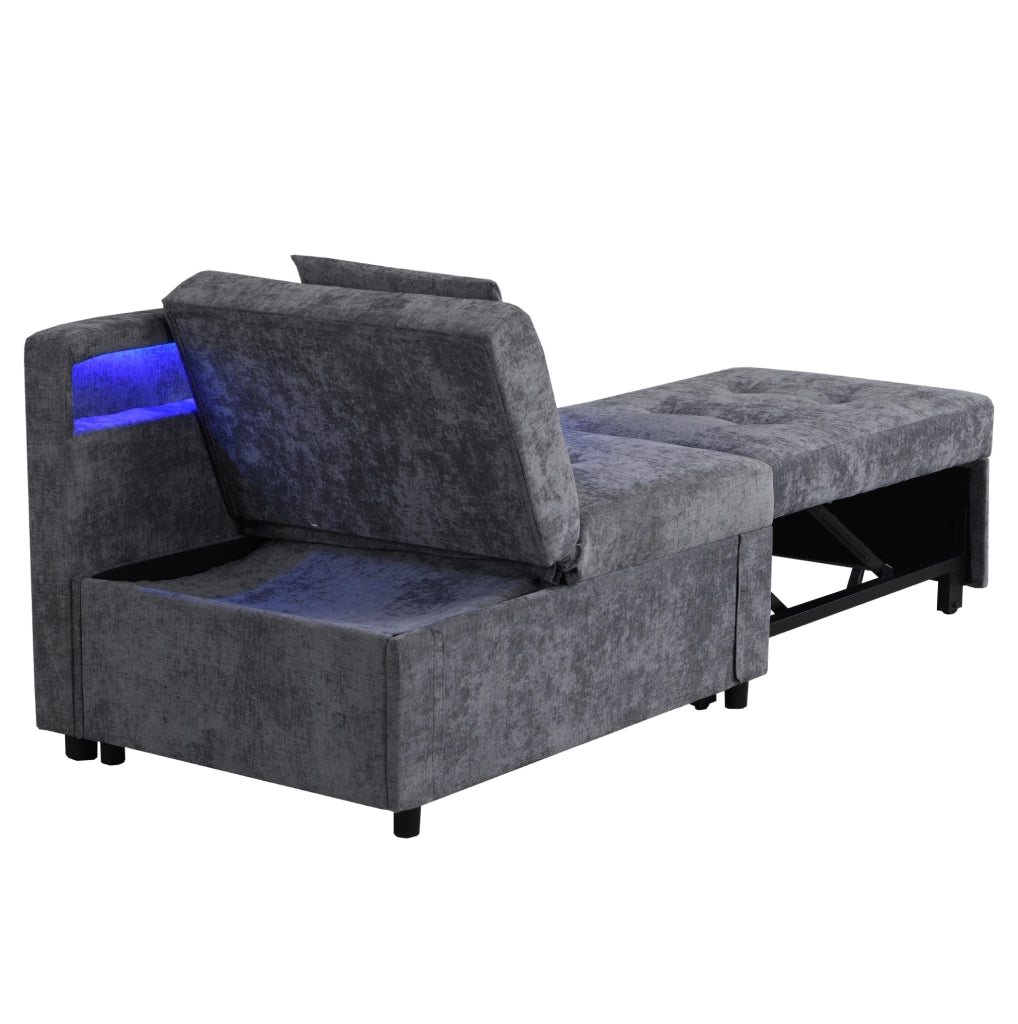Divano letto 3 in 1 con schienale regolabile; LED e USB/Type-C in lino grigio chiaro