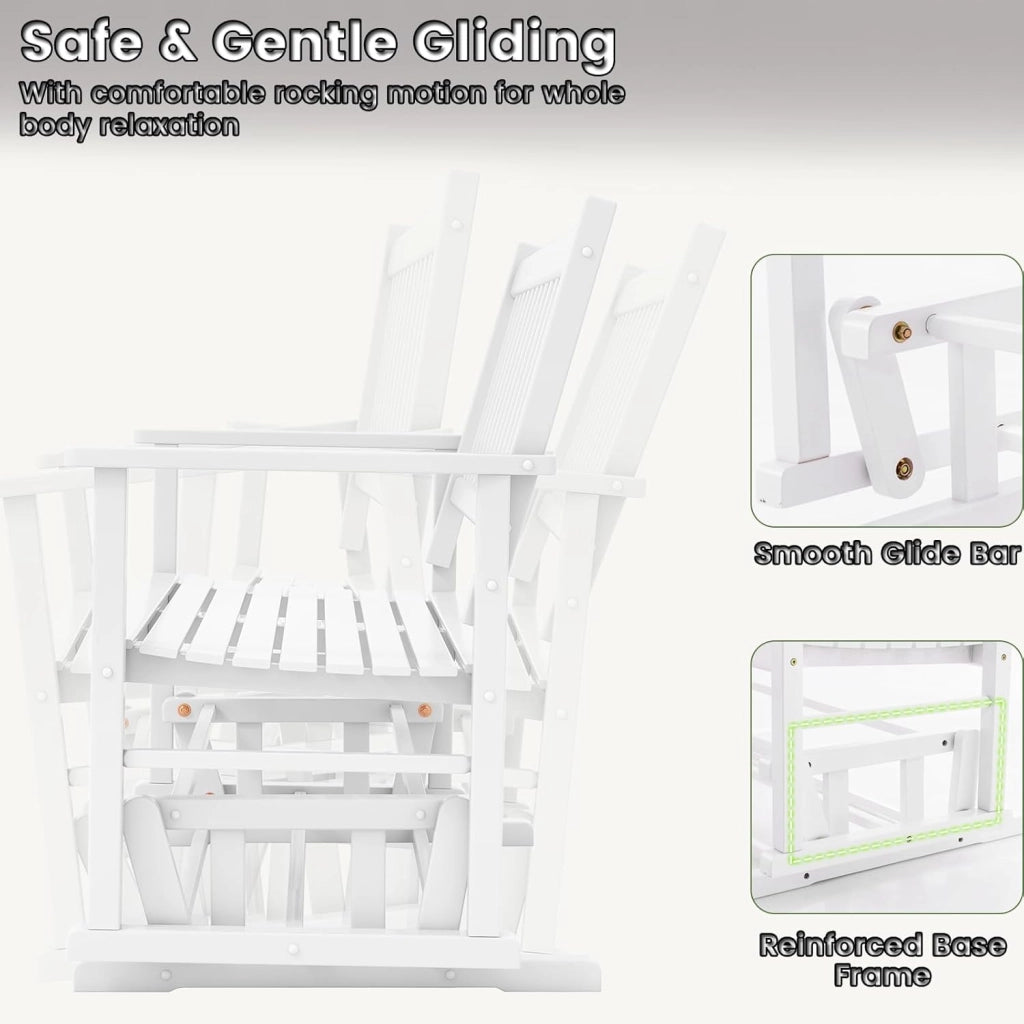 Sedia a Dondolo 2 Posti da Balcone, Panchina a Dondolo da Giradino in Legno Massello, Sedia Dondolo Ergonomica Esterno Portato 225kg con Schienale Curvo e Braccioli, 126x68x100cm, Bianco