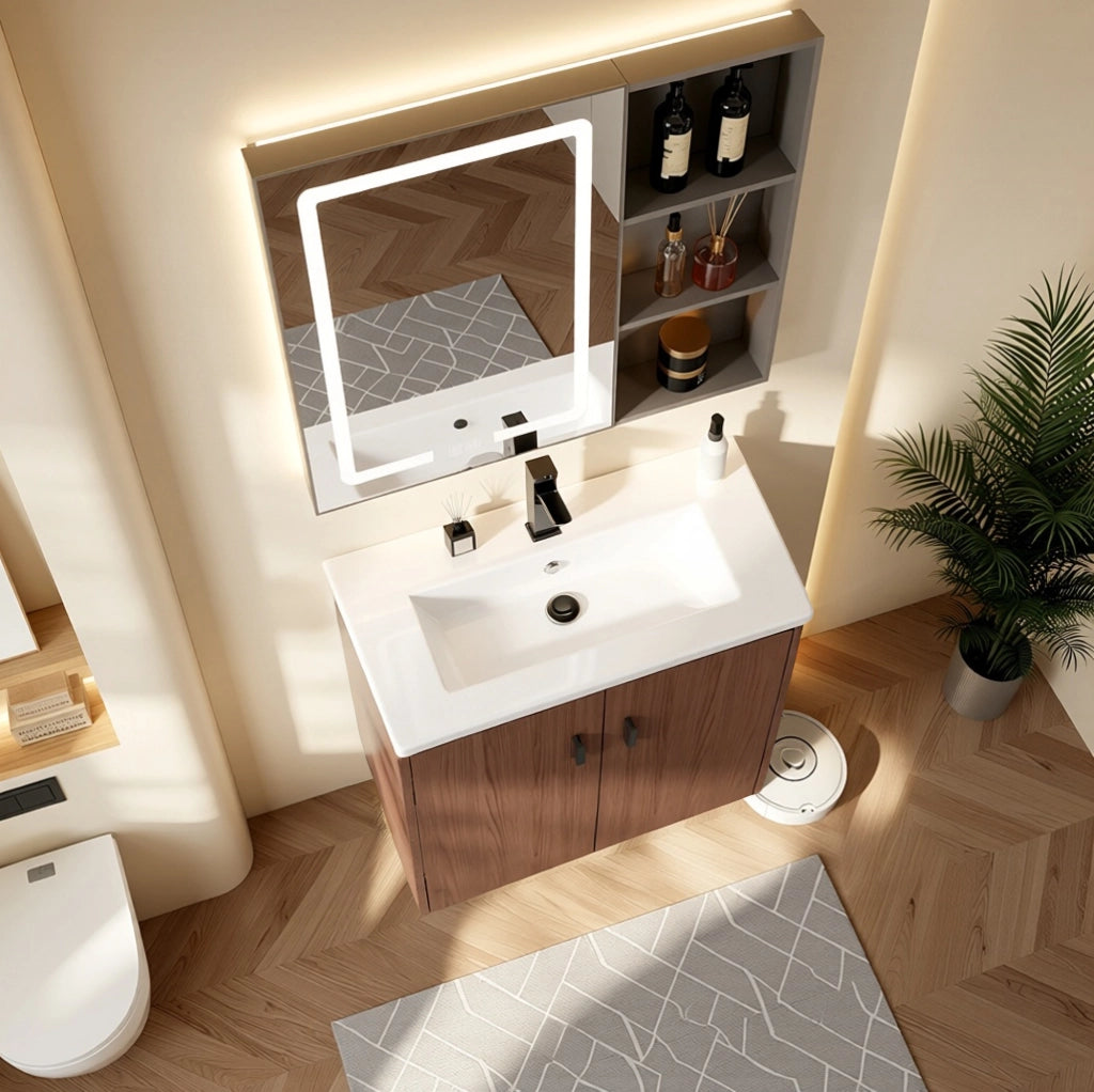 Mobile da bagno 60 cm in legno rosso-bruno con 2 ante soft-close