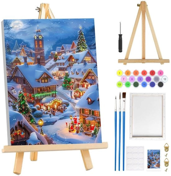 Schilderop nummer su tela preimpressa a mano con asino di legno - kit di pittura DIY per natale invernale - 3 pennelli - olio su tela