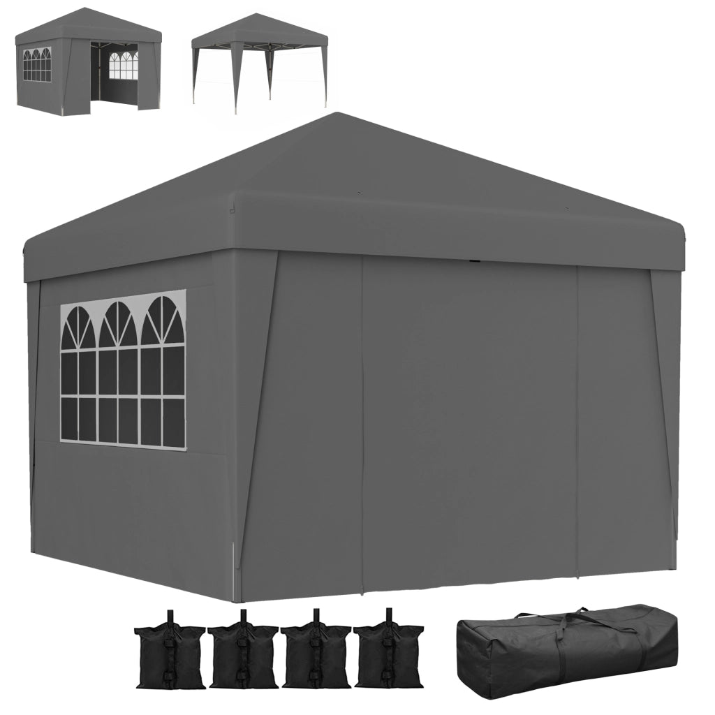 Tenda da giardino pieghevole 3x3x2,75m ¨C zephmum ¨C grigio scuro con finestre e pareti laterali