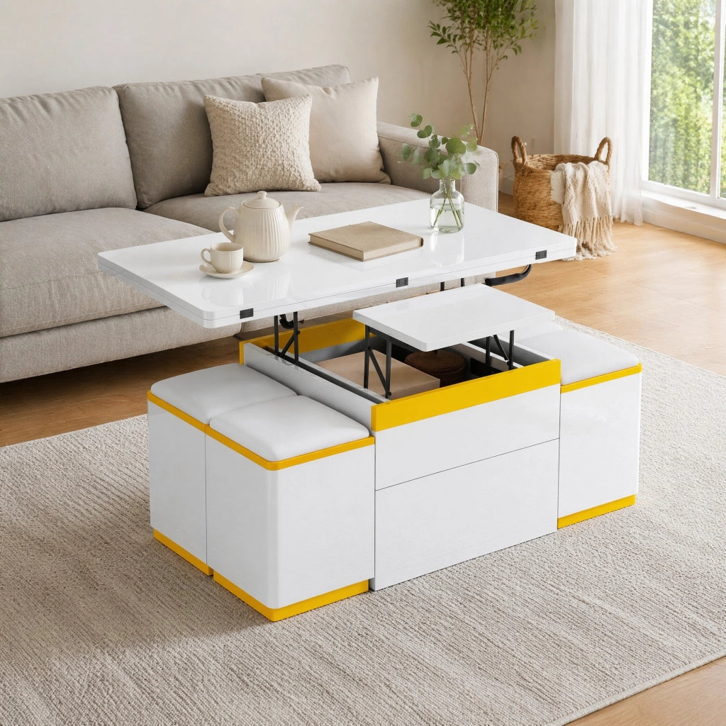TAVOLINO DA CAFFÈ rialzabile 100 x 50 x 43 cm Bianco e Giallo, Set con 4 sgabelli