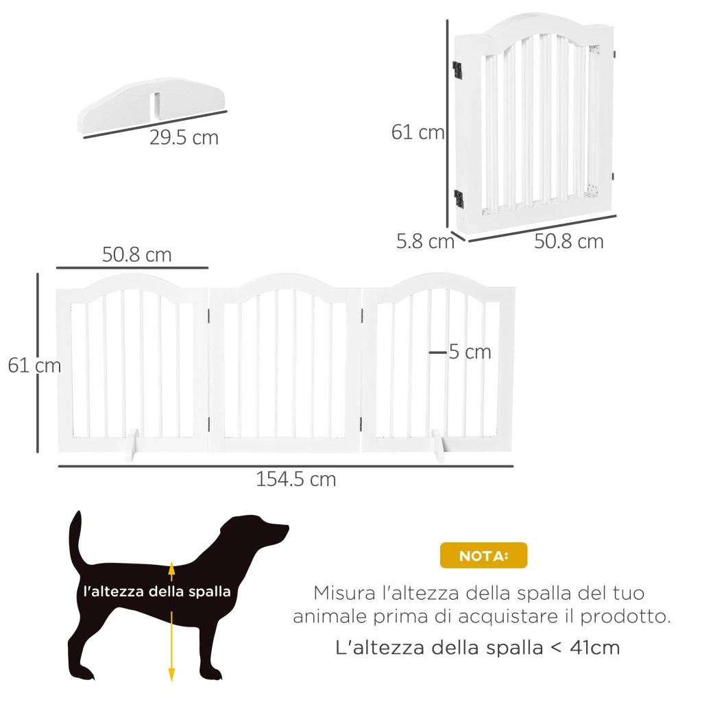 Cancellino per Cani Pieghevole a 3 Sezioni in Legno, 154.5x29.5x61cm, Bianco