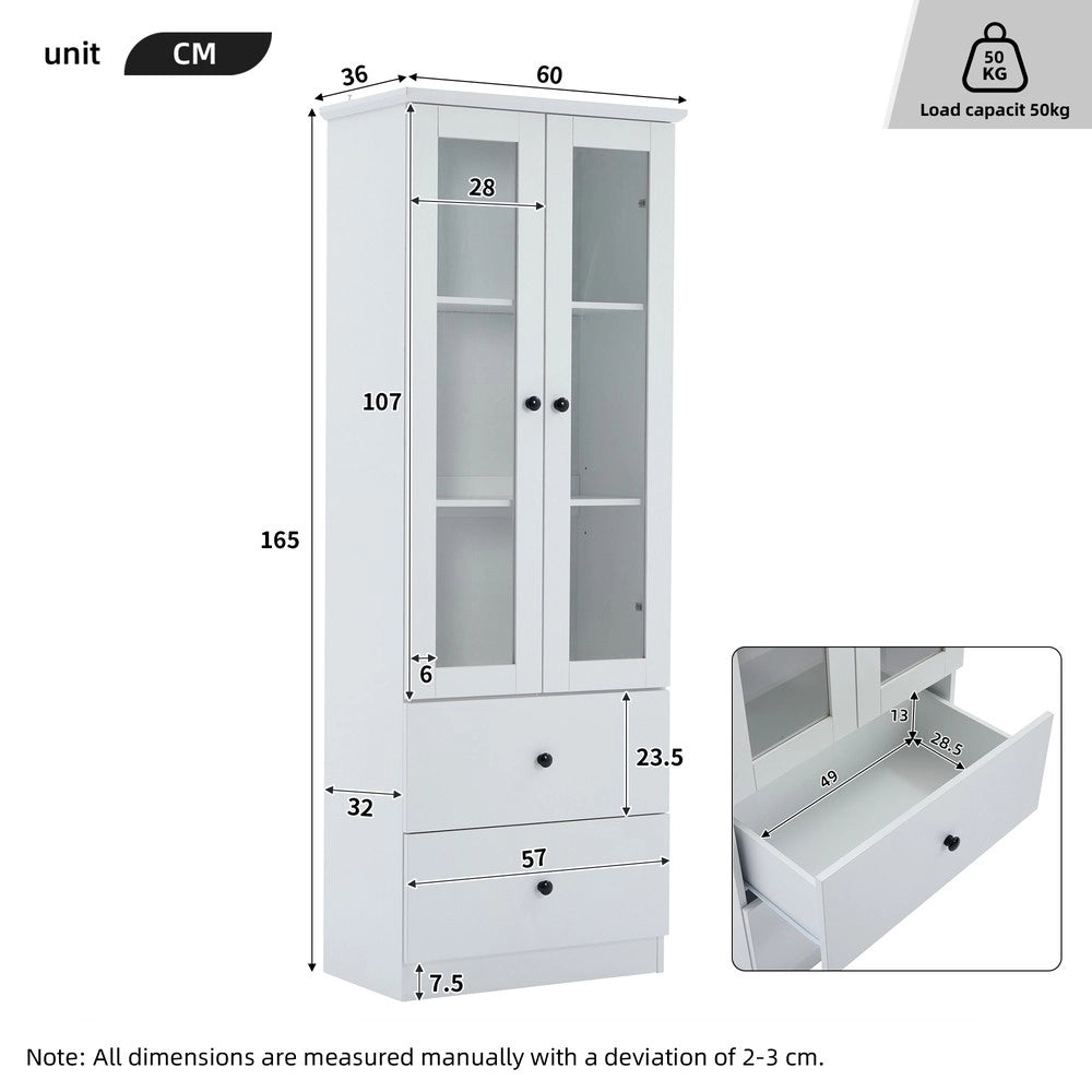 Vetrina LED con Ante ¨C MINIMAL ¨C Bianca, MDF, Ripiani Regolabili, 2 Cassetti, USB
