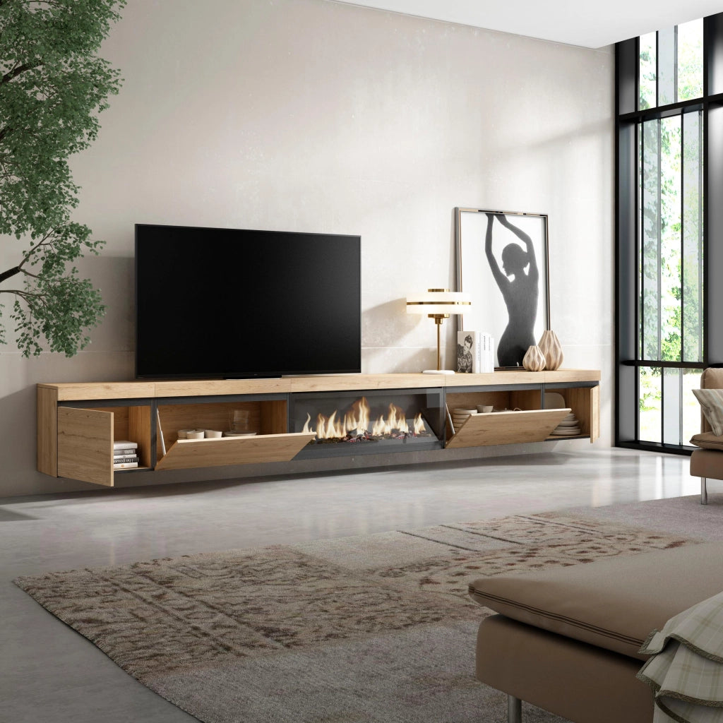 Mobile TV Soggiorno, 368x35x45, Camino elettrico XXL, da appendere, colore Rovere RF3693