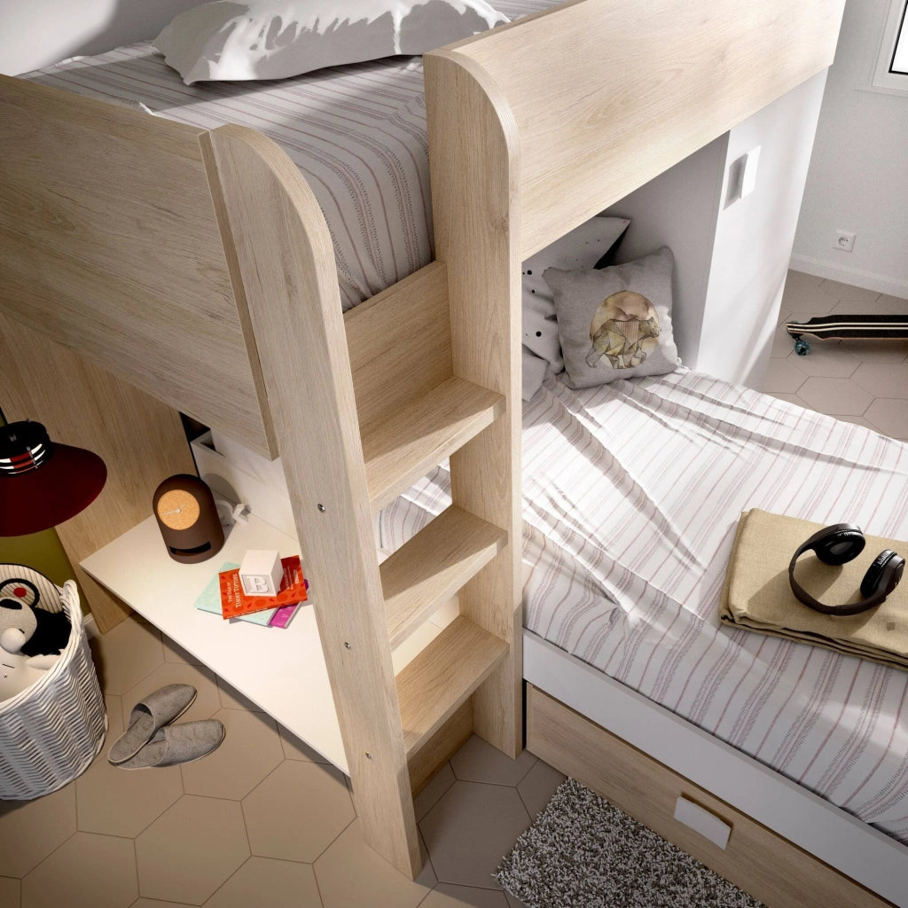 Letto per bambini Pax, Cameretta completa con armadio e cassetti, Composizione letto a castello con due lettini singoli, 255x112h150 cm, Bianco e Rovere