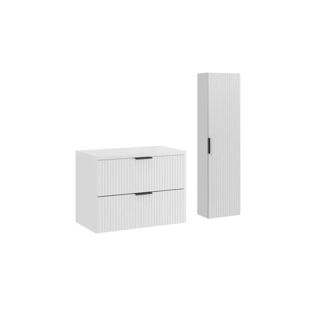 Set da bagno NOXERA 80 cm – Mobile sottolavabo sospeso bianco alpino opaco con piano per lavabo e colonna murale